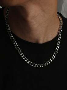 嘻哈不鏽鋼項鍊，男士用雙面打磨鏈，鈦鋼製，時尚歐美風格，男女皆宜，多功能鎖骨頸鍊，粗鏈 - 銀色 - 查看 3