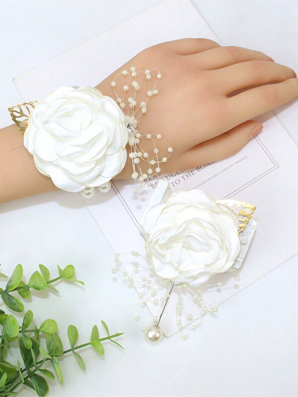 2pcs/Set Wrist Corsage Wristlet Band Bracelet And Men Boutonniere Set For White Wedding Flower Accessories Prom Suit Decorations Homecoming Ceremony Anniversary Valentine's Day Valentines