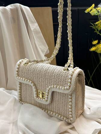 Fashionable Shoulder Woven Straw Bag With Faux Pearl Decoration, Perfect For Beach Vacation, Eye-Catching Beach Bag Summer, Summer Straw Beach Bag For Women, Fashion Summer Vacation Bag, Beach Essentials Women Bags For Vacation & Holiday, Hottest Beach Bags