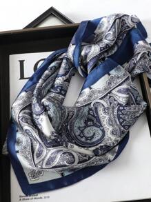1条女士优雅佩斯利印花围巾，70*70厘米缎面方巾披肩，波西米亚风格，适合日常佩戴 - 藍色 - 查看 3