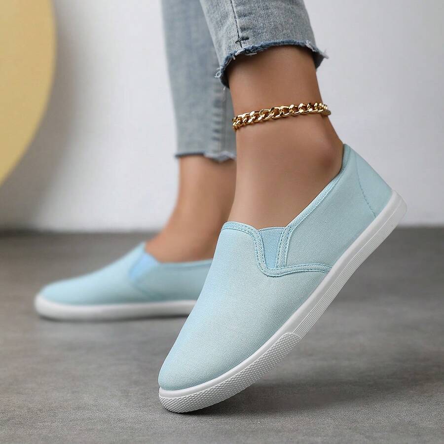 Women's Solid Color Canvas Flat Shoes, Round Toe Lace-Up Breathable Non-Slip Shoes, Ladies Classic Slip-On Low-Top Casual Shoes, Comfortable Athletic Outdoor Shoes, Available In Black, White, Black & White, Red, Pink, Orange, Yellow, Blue, Light Blue, Khaki