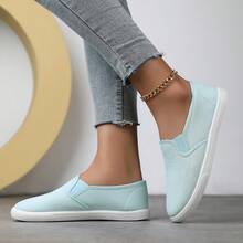 Women's Solid Color Canvas Flat Shoes, Round Toe Lace-Up Breathable Non-Slip Shoes, Ladies Classic Slip-On Low-Top Casual Shoes, Comfortable Athletic Outdoor Shoes, Available In Black, White, Black & White, Red, Pink, Orange, Yellow, Blue, Light Blue, Khaki