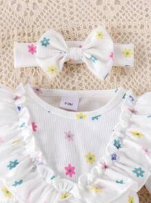 1pc Baby Girls' Cute Printed Long Sleeve Bodysuit+Headband+Socks Set, Thin Style For Spring & Autumn - White - View 3