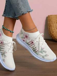 Spring/Autumn New Arrival Women's Flat Casual Sports Shoes Plus Size Lace-Up Breathable White Mesh Shoes With Knitting And Floral Print, Thick Non-Slip Sole And Wedge Heel For Running And Outdoor Activities - Beige - View 4