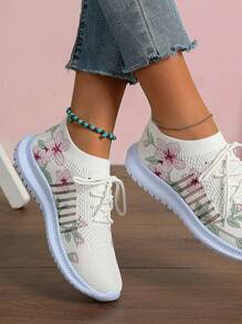 Spring/Autumn New Arrival Women's Flat Casual Sports Shoes Plus Size Lace-Up Breathable White Mesh Shoes With Knitting And Floral Print, Thick Non-Slip Sole And Wedge Heel For Running And Outdoor Activities - Beige - View 5