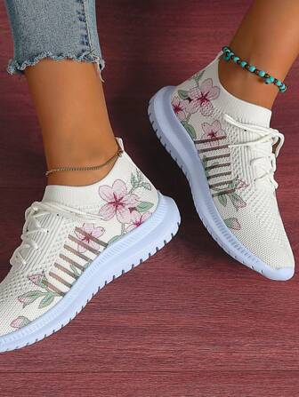 Spring/Autumn New Arrival Women's Flat Casual Sports Shoes Plus Size Lace-Up Breathable White Mesh Shoes With Knitting And Floral Print, Thick Non-Slip Sole And Wedge Heel For Running And Outdoor Activities