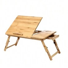 KKTONER Bamboo Laptop Tray Lap Desk Table With Height Adjustable Foldable Legs Portable Laptop Tray Breakfast Snack Serving Tray Bed Table Drawing Table (FLAT) - Yellow - View 1