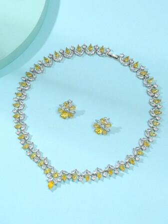 1 套 3 件锆石叶项链和耳环首饰套装，优雅新娘礼服，婚礼派对，订婚，高端女士礼物