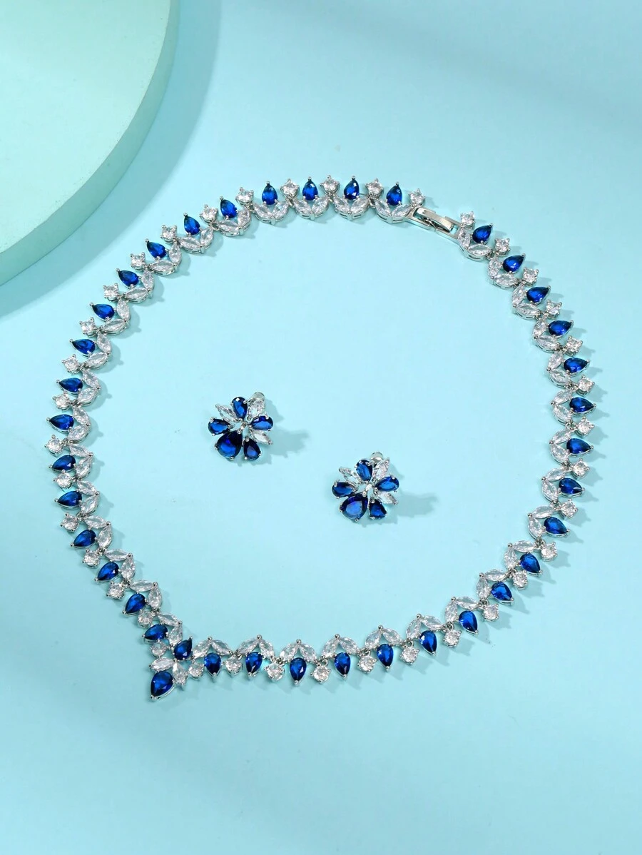 1 Bộ 3 món trang sức vòng cổ và hoa tai hình lá Zirconia, váy cưới thanh lịch, tiệc cưới, đính hôn, quà tặng cao cấp cho phụ nữ - Lá - Xem 1