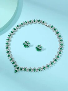 1 Bộ 3 món trang sức vòng cổ và hoa tai hình lá Zirconia, váy cưới thanh lịch, tiệc cưới, đính hôn, quà tặng cao cấp cho phụ nữ - Lá - Xem 4