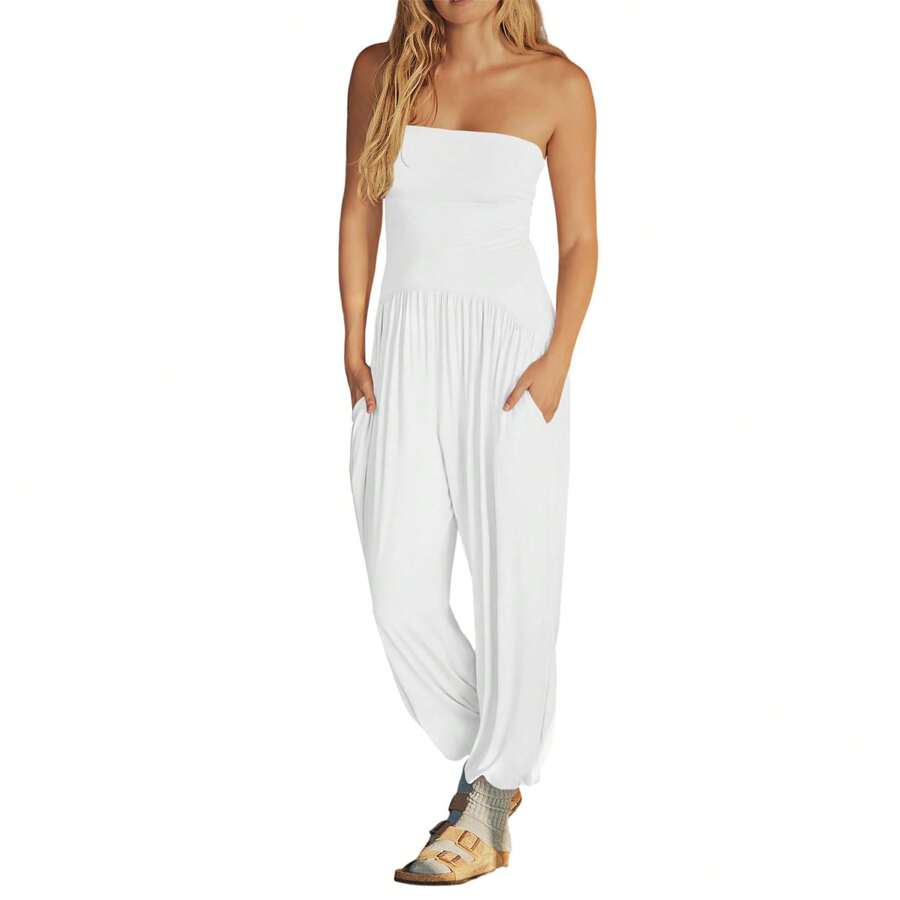 BZB Womens Oversize Sleeveless Loose Casual Crew Neck Jumpsuits Backless Summer Long Pants Baggy Rompers With Pockets - 白色 - 查看 1