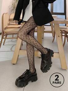 2雙女式豹紋空心時尚網紗絲襪，適用於日常穿著，性感絲襪，女式超薄半透明連褲襪，適用於商務和性感造型 - 黑色 - 查看 6
