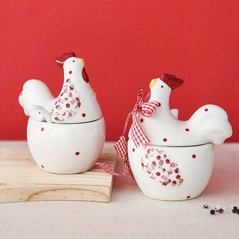3D Embossed Red Floral Chicken Ceramic Seasoning Jar, Sugar Jar, Salt Jar, Creative Chicken-Shaped Kitchen Storage Spice Jar