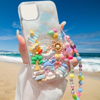 With Phone Charm 1pc Cute Beach/Slipper Party/Pink Girl Series Thickened Glitter Soft Shell Phone Case With Full-Shell Accessory/Colorful Beaded Star Shaped Strap, Compatible With Samsung, Huawei, Apple, Xiaomi, Redmi
