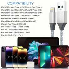 3pcs/1pc 1m/2m/3 Meters Nylon Braided Charging Cable, USB-A To 8-Pin Fast Charging Data Cable Compatible With IPhone 14/13/12/11 Pro Max XR XS X/8/7/6s Plus 5s SE, Also Suitable For IPad, IPod And Other Devices - Silver (3 Packs) - View 6