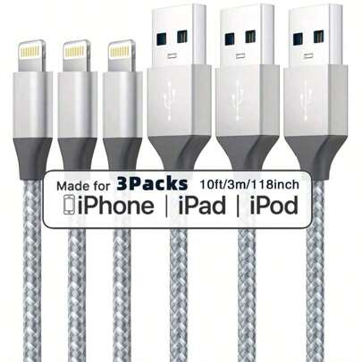 3PCS/1PC 1M/2M/3M Long Charger Cable Compatible With IPhone, USB-A To 8-Pin Fast Charging Cord Nylon Braided Data Sync Transfer Lead Compatible With IPhone 14/13/12/11 Pro Max XR XS X/8/7/6s Plus 5s SE, Compatible With , For IPod Compatible With Airpods And More, Christmas Gift/ Gift For Family