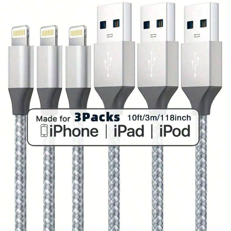 3pcs/1pc 1m/2m/3 Meters Nylon Braided Charging Cable, USB-A To 8-Pin Fast Charging Data Cable Compatible With IPhone 14/13/12/11 Pro Max XR XS X/8/7/6s Plus 5s SE, Also Suitable For IPad, IPod And Other Devices