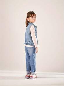 Annil Kids Bottoms Casual Cuffed Elastic Waistband Comfort Tween Girls Jeans Blue