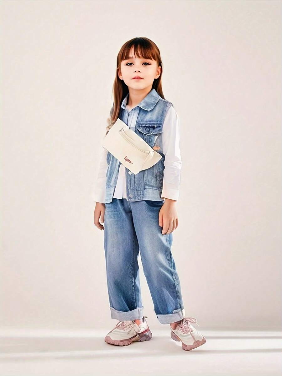Annil Kids Bottoms Casual Cuffed Elastic Waistband Comfort Tween Girls Jeans Blue