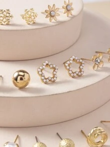 18pcs/Set Fresh Flower & Faux Pearl Stud Earrings Set, High-End Jewelry For Women's Everyday Wear Or As A Simple & Creative Festival Gift Valentines,Mom,Mother,Mother's Day,Gift