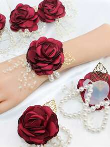 6pcs/1pc Wrist Corsage With Fake Roses, Bridal Bridesmaid Wrist Flowers For Wedding Party Decor