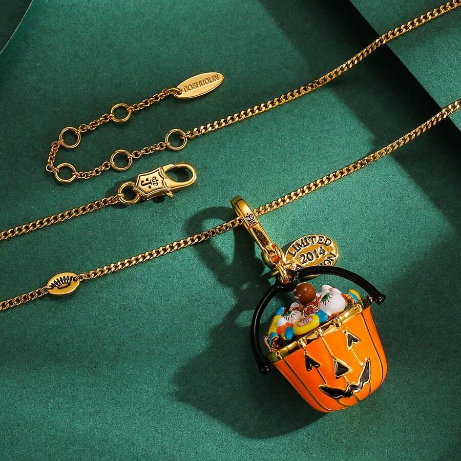 1入豪華優雅的搪瓷萬聖節糖果南瓜桶吊墜項鍊，有趣的眼睛設計，適合女性日常佩戴 - 萬聖節搞怪眼睛糖果南瓜桶吊墜項鍊 - 查看 1