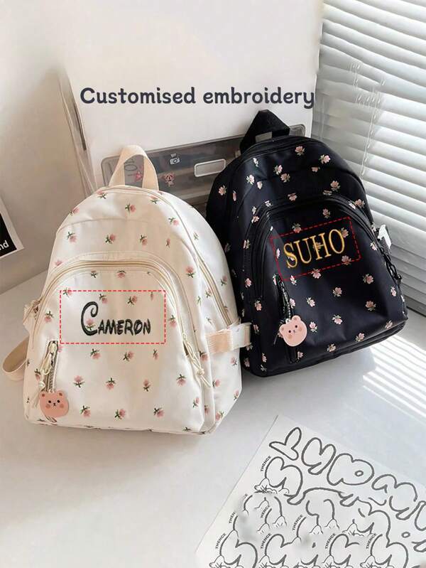 Embroidered Text Customization Of Your Exclusive Name, Classic Flower Pattern Backpack Suitable For Teenage Girls And Female College Students, Perfect For School, University, Middle School, Personalized Gifts For Women, School Bag/College Backpack Ideal Gifts For Him Her, Children For Birthdays, For Graduation, For Christmas, For Winter, For Fall/Autumn, For School, For Outdoors/Outings/Travel/Hiking/Stadium/Sports/Climbing,All-Purpose,Large Capacity,Versatile,Multifunction,Colorful,Cute,Adorable,Contracted,Funny,Kawaii,Y2K,Minimalist,Commuting,Business Casual,Basics,Custom,Personalized,Unique,Customized,Ideal Gifts For Him,Ideal Gifts For Her,Her,Family,Friends,Girlfriend,For Anniversaries,For Birthdays,For Holiday/ Vacation,For Outdoors/Outings/Travel/Hiking/Stadium/Sports/Climbing,For Business/Commute/Work/Office,Customized Women Bags