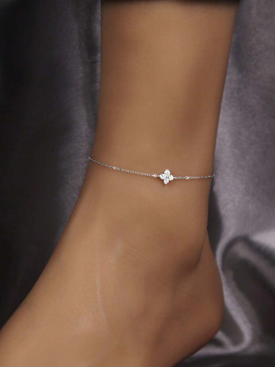 ELSEDES 1pc Fashionable S925 Sterling Silver Four-Leaf Clover Shaped Anklet With Sparkling Gemstones, Handmade, Showcasing Personal Charisma, High-Quality Jewelry, Suitable For Women's Daily Wear, Gathering Wear And Summer Wear Valentines - Silver - View 1