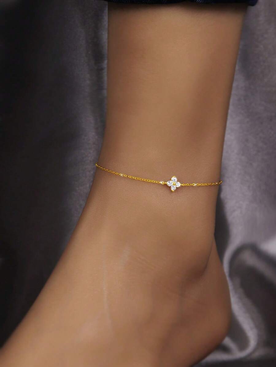 ELSEDES 1入時尚S925純銀四葉草腳鍊，閃亮寶石鑲嵌，手工製作，突顯個人魅力，高品質珠寶，適合女性日常、派對和夏日裝扮 - 金黃色 - 查看 1