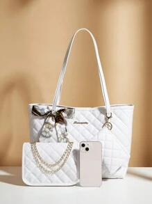 3pcs/Set Women Quilted Shoulder Bag, Scarf, Clutch Bag & Tote Bag - White - View 3