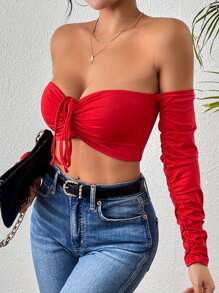 Ladies' Nightclub-Style Long Sleeve Drawstring Front Lingerie - Red - View 3