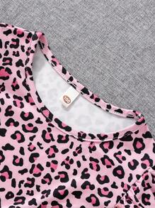 Set da 2 pezzi per ragazze giovani, composto da top a maniche lunghe con volant e stampa leopardata e leggings, adatto per primavera e autunno