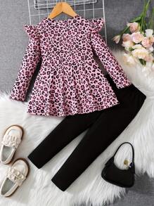 Set da 2 pezzi per ragazze giovani, composto da top a maniche lunghe con volant e stampa leopardata e leggings, adatto per primavera e autunno