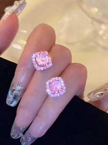 1對簡約優雅銅鑲粉紅鋯石耳環，設計獨特，高端大氣，適宜日常佩戴或作為女性特殊節日禮物 - 粉色 - 查看 3