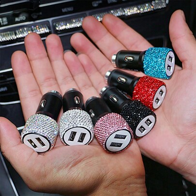 1PC Dual Port USB Car Charger, Bling Bling Handmade Rhinestones Crystal Diamond Shining Artificial Car Decorations 5V Fast Charging Adapter Universal For Andriod/I Phone