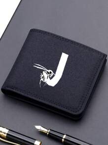 1pc Fashionable Unisex Wallet Convenient Black Canvas Card Holder 26-Letter Double Fold Short Wallet, Best Friend Gift - Black - View 29