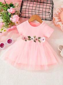 1 pieza Vestido de tutú elegante y lindo para niña bebé con cinturón bordado con flores, vestido de tul esponjoso y cuello redondo de mangas cortas, ideal para vacaciones de verano en la playa - Rosa - Ver 1