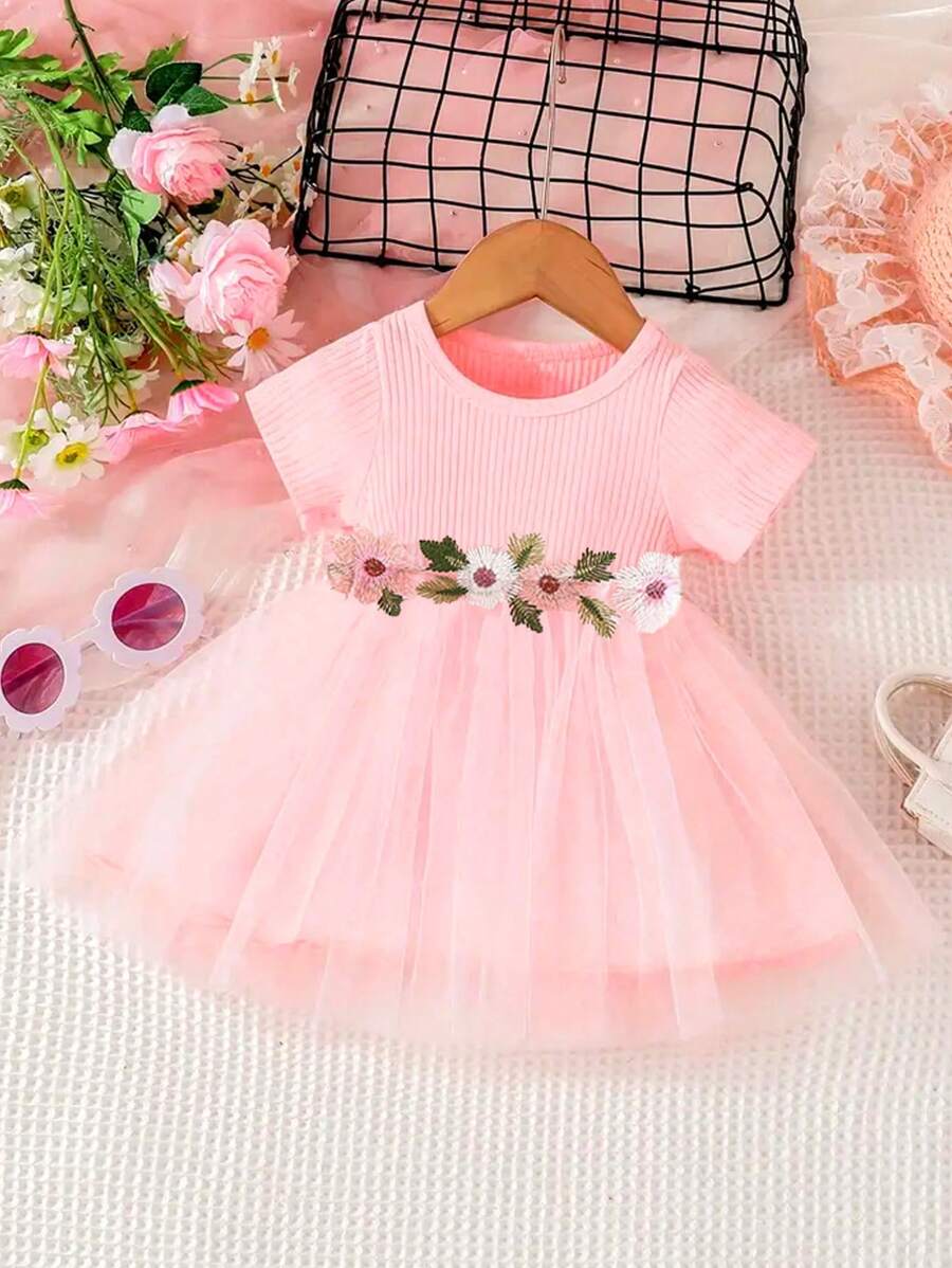 1 pieza Vestido de tutú elegante y lindo para niña bebé con cinturón bordado con flores, vestido de tul esponjoso y cuello redondo de mangas cortas, ideal para vacaciones de verano en la playa - Rosa - Ver 1