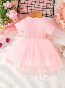 1 pieza Vestido de tutú elegante y lindo para niña bebé con cinturón bordado con flores, vestido de tul esponjoso y cuello redondo de mangas cortas, ideal para vacaciones de verano en la playa - Rosa - Ver 2