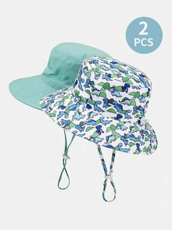 2pcs Children's Adjustable Solid Color & Dinosaur Printed Sun Ion Breathable Bucket Hat For Outdoors And Daily Life