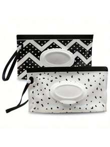 2入組便攜式可重複使用濕巾放置器，翻蓋式蓋子設計，含羽毛和黑色波浪印花，最適合浴室、旅行和可裝替換紙巾的收納袋 - 黑與白 - 查看 12