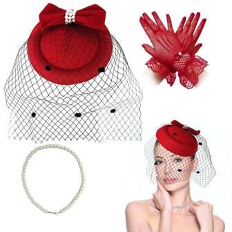 1 set 4 st. damfascinators slöja och retro charmig näthattklämma med spetshandskar i pärlhalsband, lämplig för 1920- eller 1950-tal vintage tebjudning cocktailhall bröllop kyrka derbyhatt jul röda accessoarer set, kloklämmor