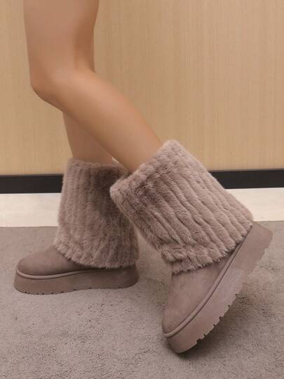 2024 Women's New Comfortable Faux Mink Fur Sweet Leopard Print Fashionable Knee-High Snow Boots, Round Toe, Thick Platform And Anti-Skid Lightweight Sole