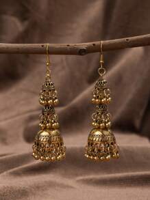 1對女性復古歐式合金材質3層鈴鐺流蘇耳環，日常佩戴