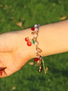 Pulsera de corazón, fresa y cereza con perlas falsas, ideal para el Día de San Valentín - Pulsera de Perlas Love Fresa Cereza - Ver 9
