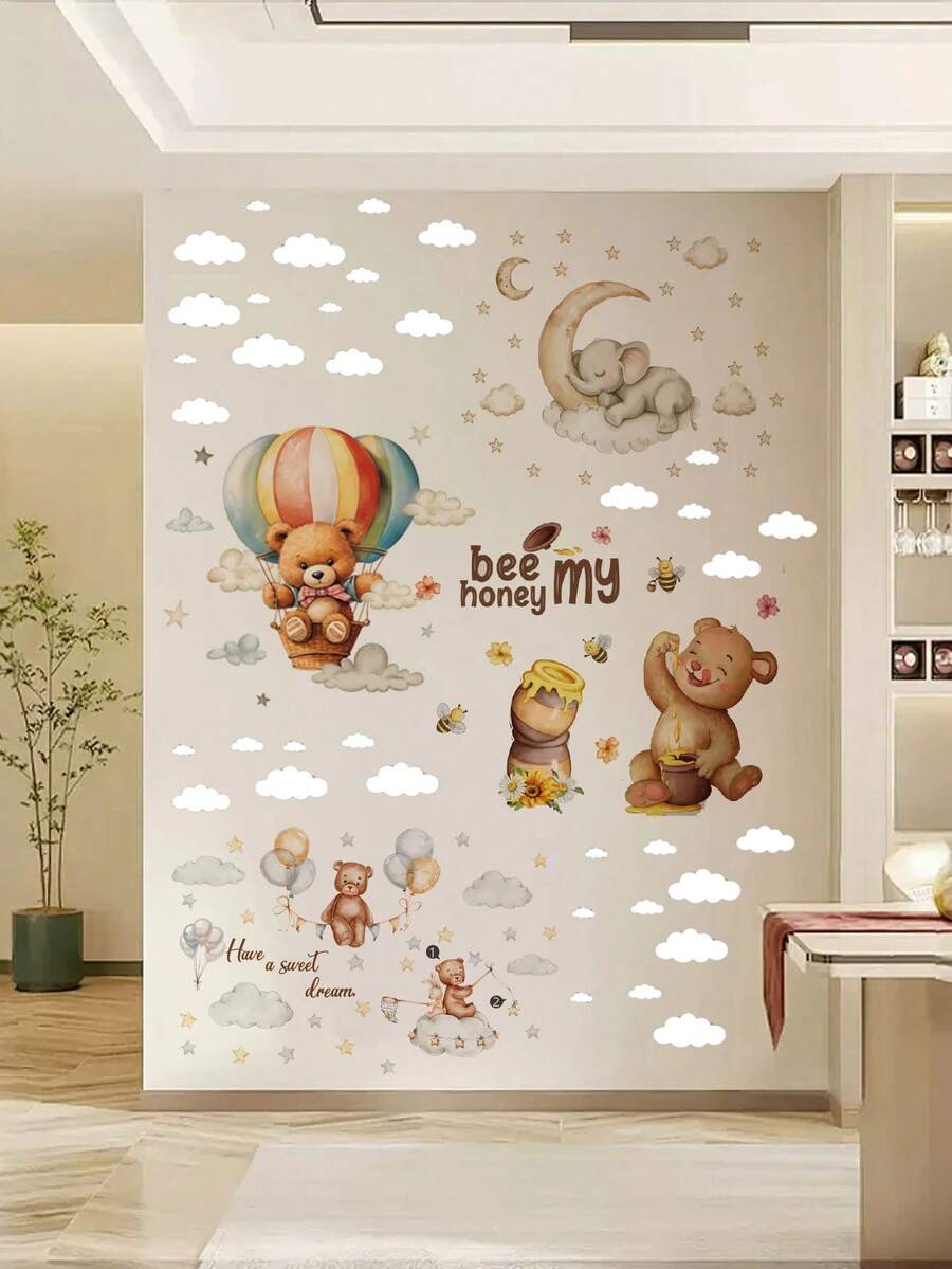 1pc/2pcs/6pcs Cute Cartoon Pattern Wall Sticker Set, Including Moon
