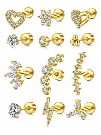 CIZME 1 件黄金方晶锆石软骨耳环、唇环、耳钉穿孔首饰，适用于软骨/耳屏/耳轮/海螺，不锈钢耳轮软骨耳环，女士 16G 20G 软骨耳环，耳轮耳环平背软骨耳轮海螺穿孔首饰，女士 16G 20G 耳屏耳环，平背软骨耳环不锈钢，平背耳钉唇钉海螺耳轮软骨耳轮穿孔首饰