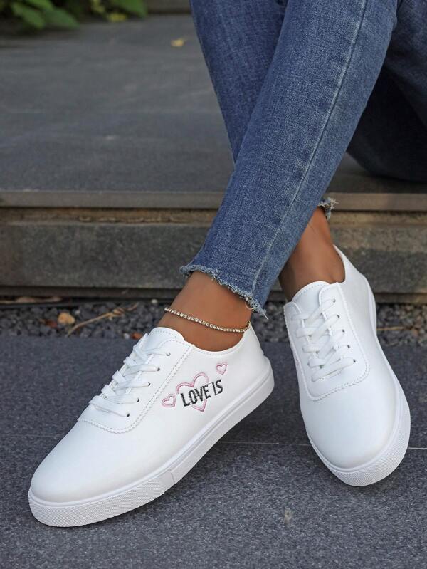 New Style Women's White Lace-Up Leather Skate Shoes, Round Toe Low-Top Thick Sole Sneakers, Fashionable Breathable Anti-Skid Chunky Sneakers For Students