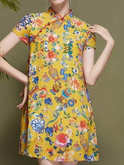 Silk Printed Improved Cheongsam Dress, New Summer Women's Clothing, Chinese Style Loose Fitting Short Dress