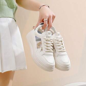 Breathable Mesh Sneakers With Thick Soles, Unisex Students' White Shoes, Women's Fashionable Lightweight Casual Flat Shoes